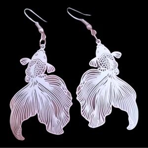 Handmade 925 Silver Hook Earrings (Hypoallergenic), w/ Koi Fish (Shiny Silver)